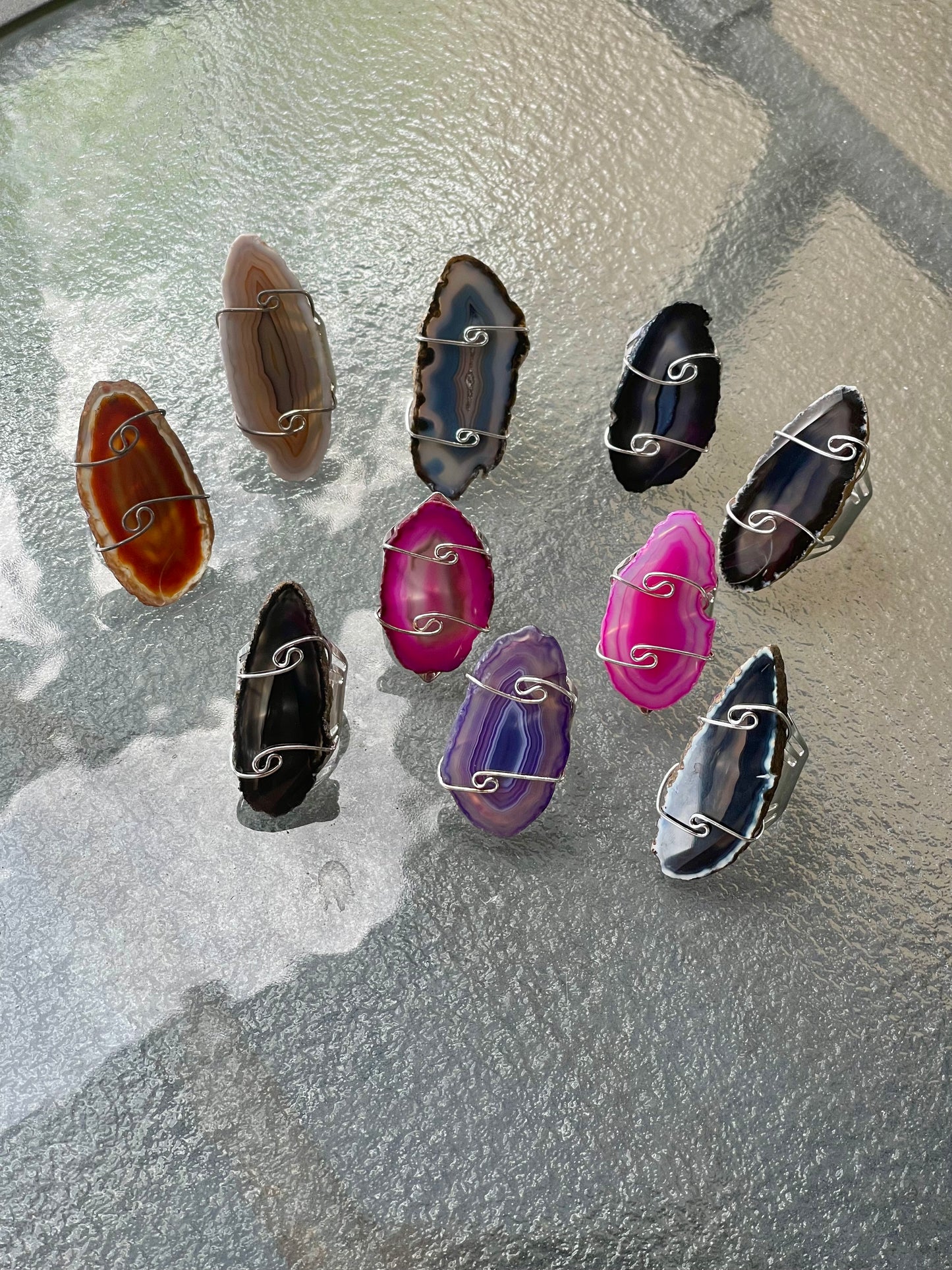 Agate Slice Silver Adjustable Rings