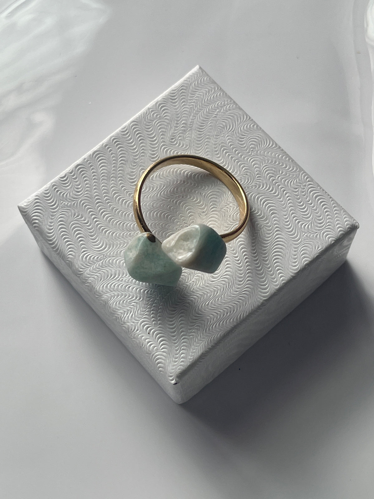 Amazonite Ring Gold plated at Pure Energy Crystals in Florida on jewelry box top