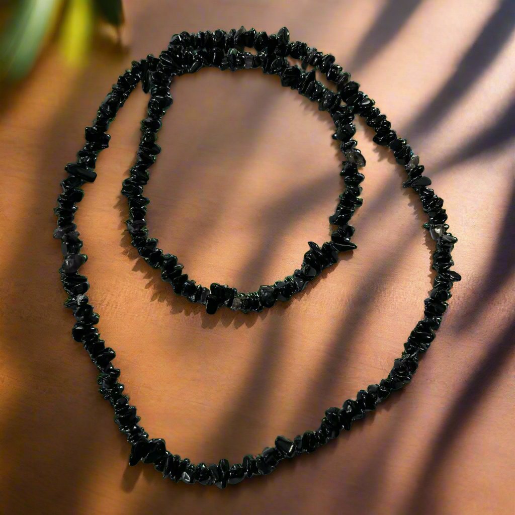 Black obsidian chip necklace with natural gemstones for grounding, protection, and clarity