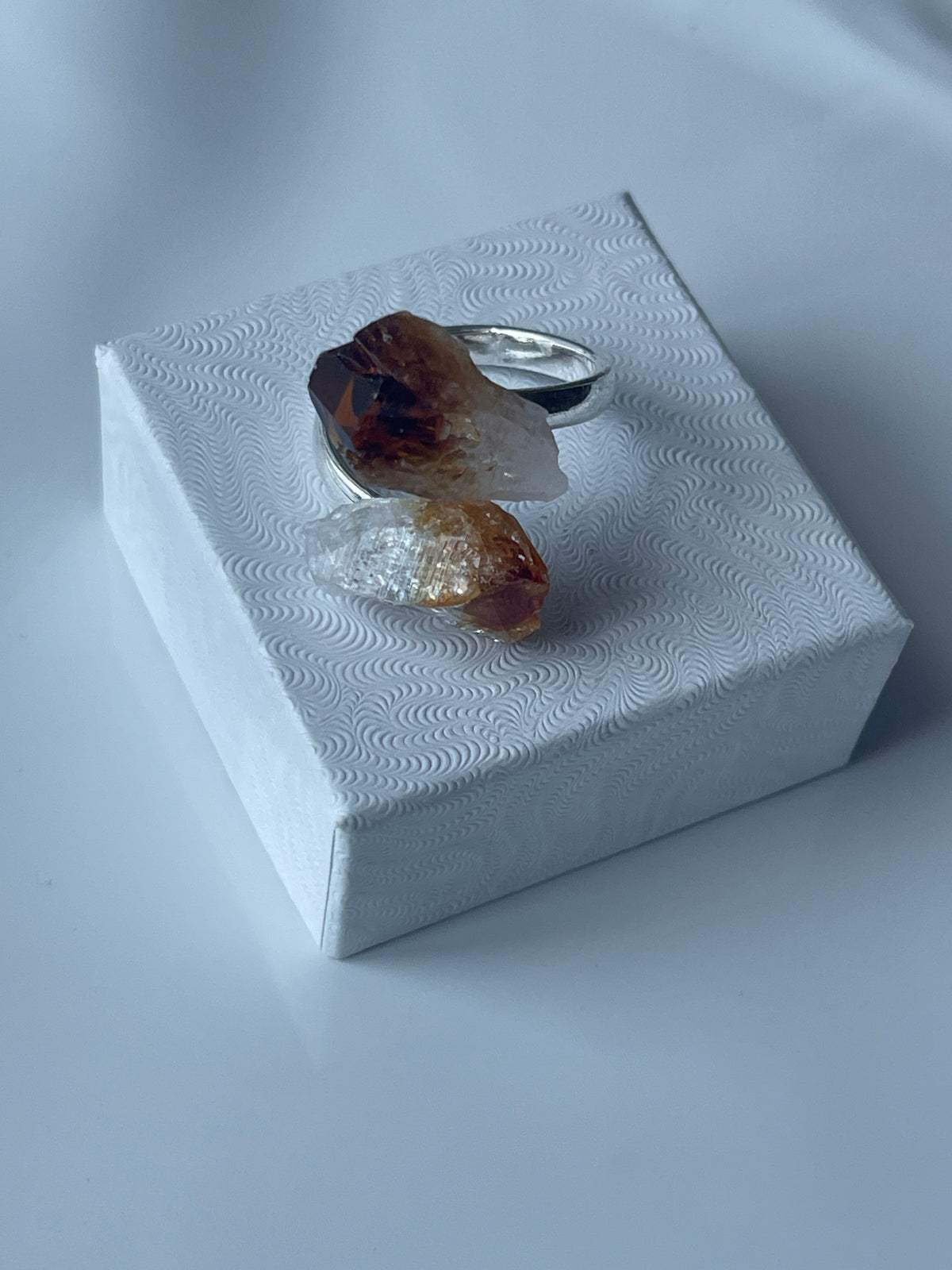 Citrine Natural Adjustable Ring Silver Plated in Florida on a jewelry box top