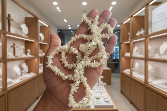 Hand holding a Mother_of_Pearl_Necklace_30-32_Inches with a blurred background of a store