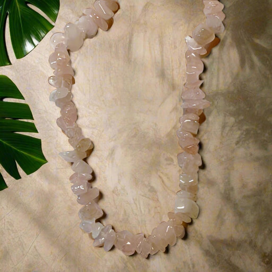 Rose quartz chip necklace with natural gemstones for love, self-care, and emotional healing