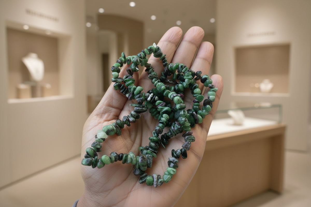 Hand holding a string of small green Ruby_Zoisite_Necklace_30-32_Inches with a blurred outdoor background