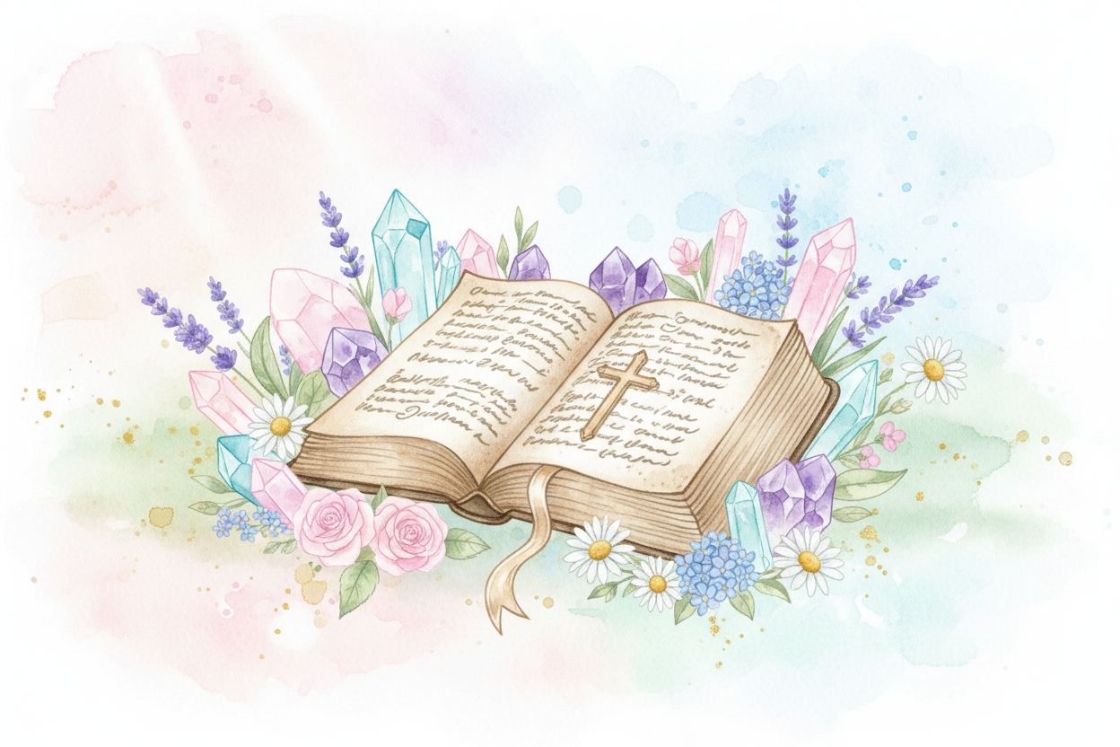 A soft watercolor illustration of an open Bible with a cross bookmark, surrounded by delicate pastel crystals and wildflowers, gentle pink and blue hues, peaceful morning light, representing faith and God's creation in harmony