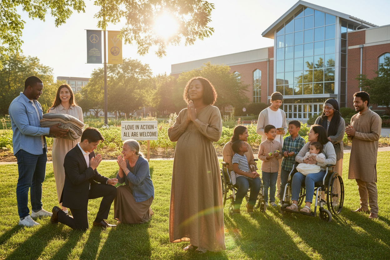 Christianity Beyond the Stereotypes, people from all walks of life helping each other, pregnant woman in dress praying for other, including African American women and men 