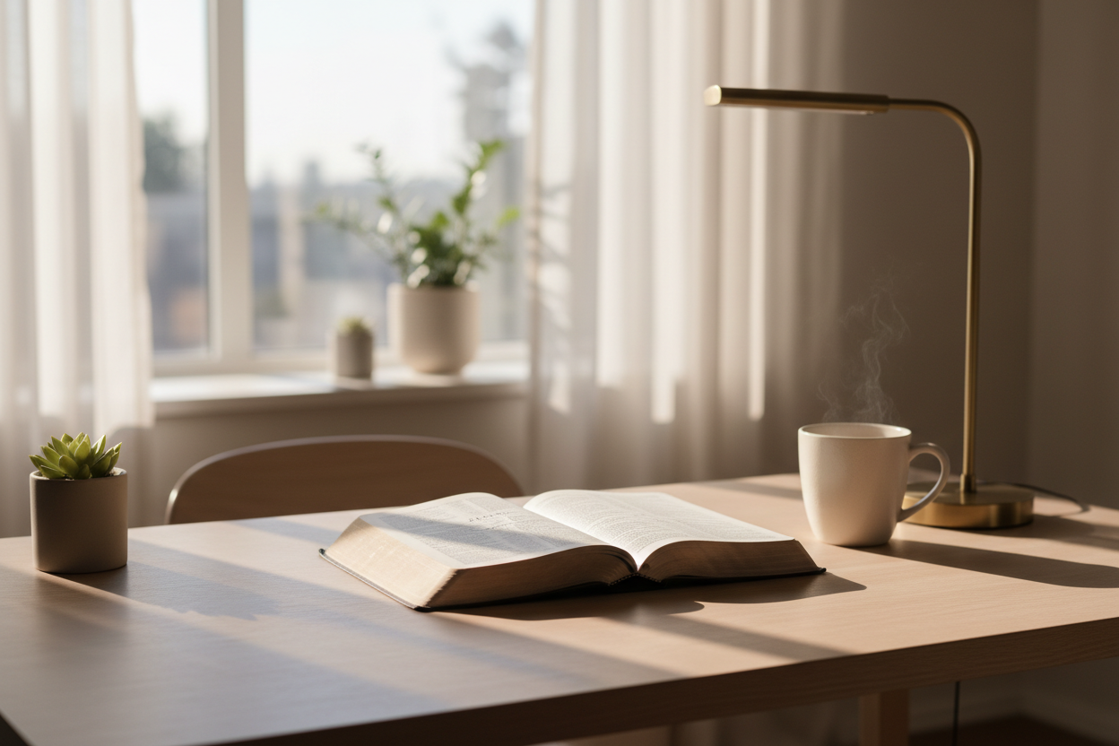 Morning sunlight on desk with open Bible, coffee, and laptop - Christian work as calling inspiration