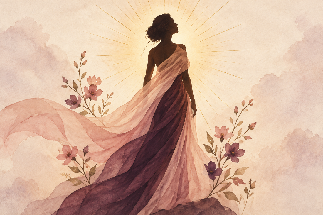 Illustration of a woman standing tall in golden light, symbolizing biblical women's empowerment and inner strength