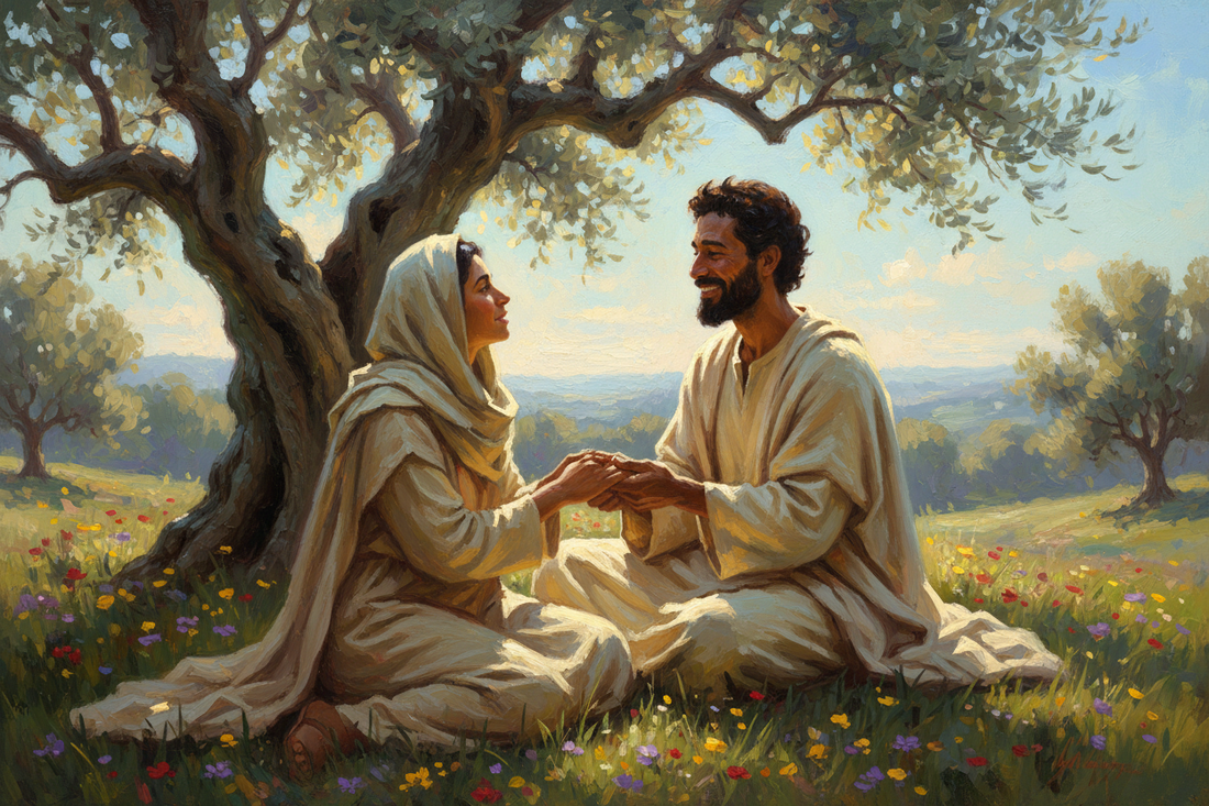 Jesus, a brown-skinned Middle Eastern man, gently comforting a brown-skinned woman in a peaceful natural landscape, with a warm, compassionate expression, soft golden light, and a serene atmosphere.