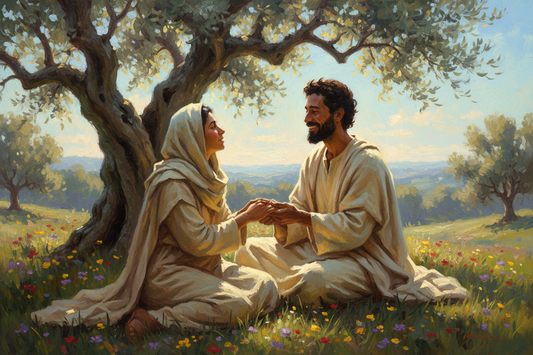 Jesus, a brown-skinned Middle Eastern man, gently comforting a brown-skinned woman in a peaceful natural landscape, with a warm, compassionate expression, soft golden light, and a serene atmosphere.