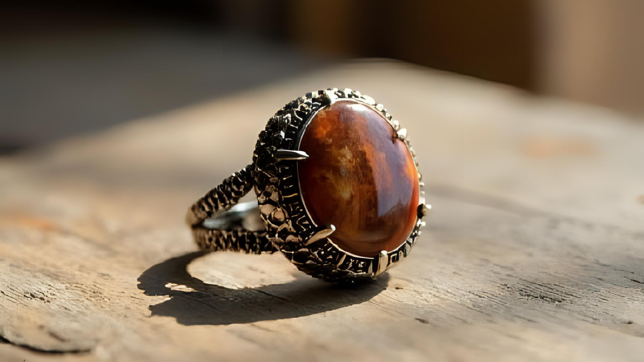 Close-up of Jasper crystal ring showcasing natural patterns and colors