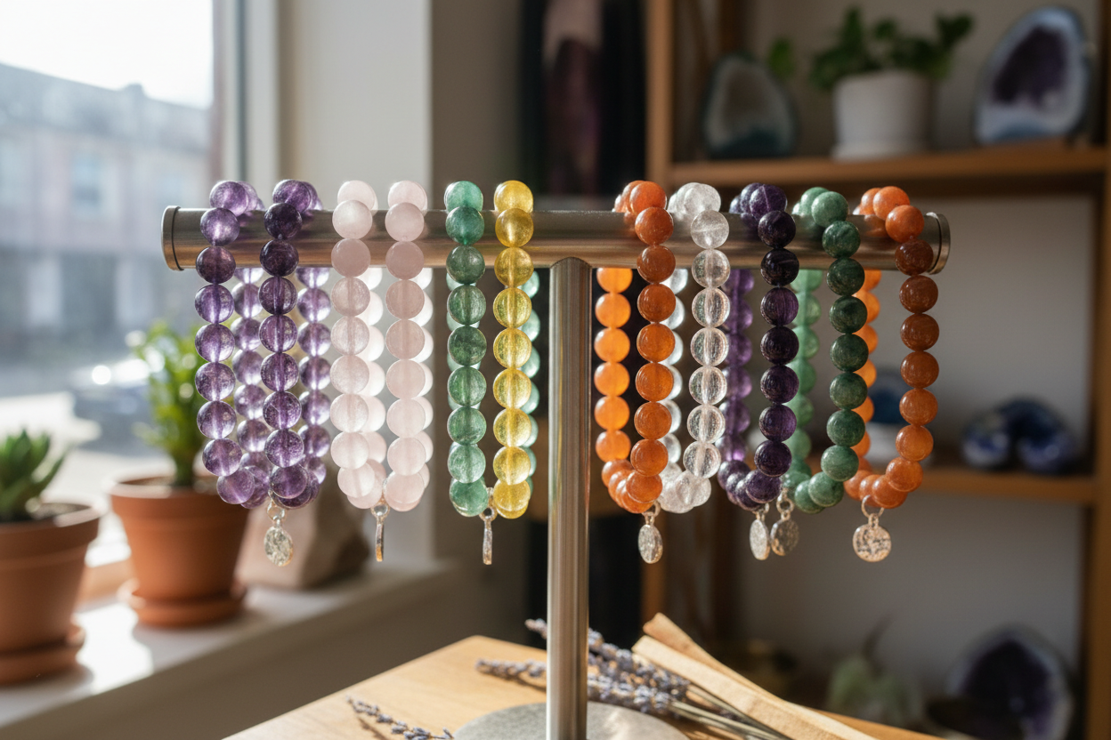 crystal bracelets hanging in pure energy crystals shop