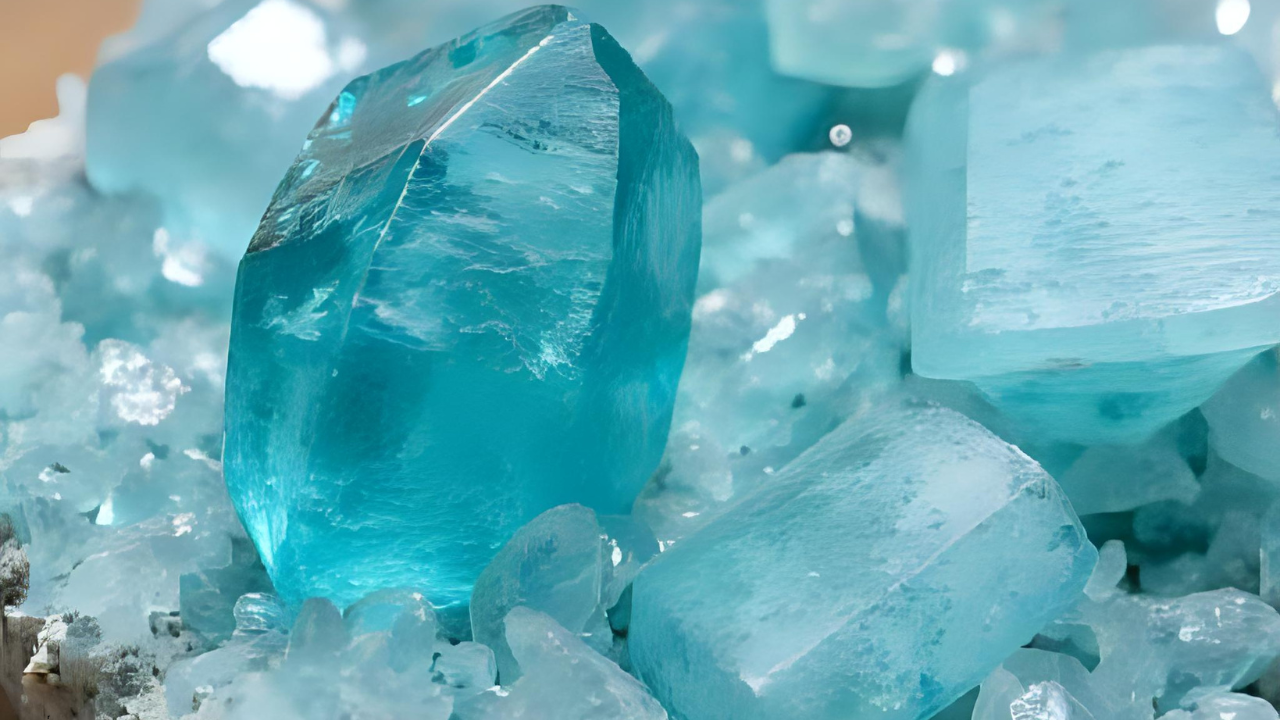 Raw aquamarine crystal cluster with natural facets and light reflections