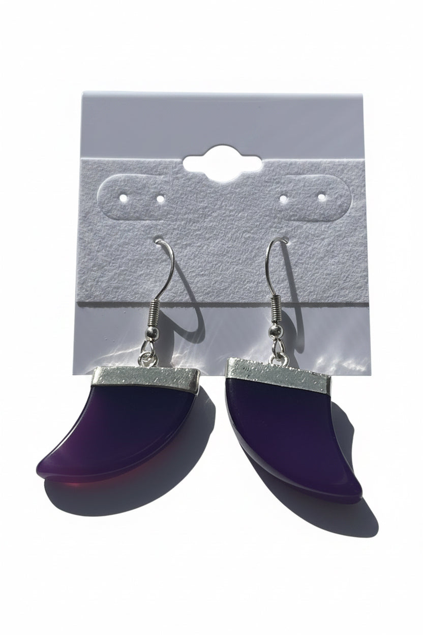 Purple Agate Horn Earrings on a gray card with a white background