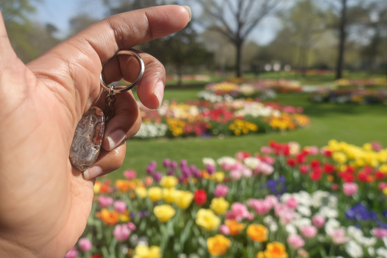 Hand holding a key with a keychain featuring a small object, possibly a crystal or stone.