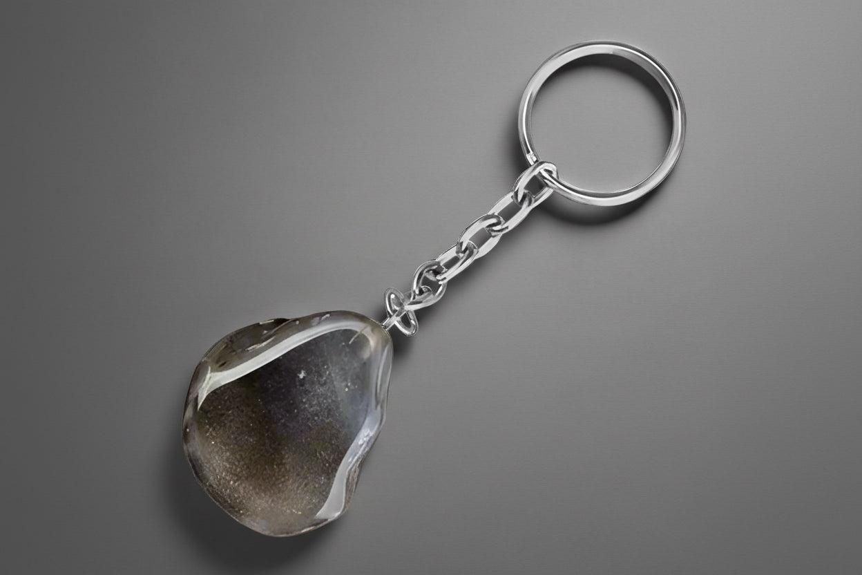 A keychain featuring a polished agate nodule attached to a metal ring and chain, displayed against a gray background.