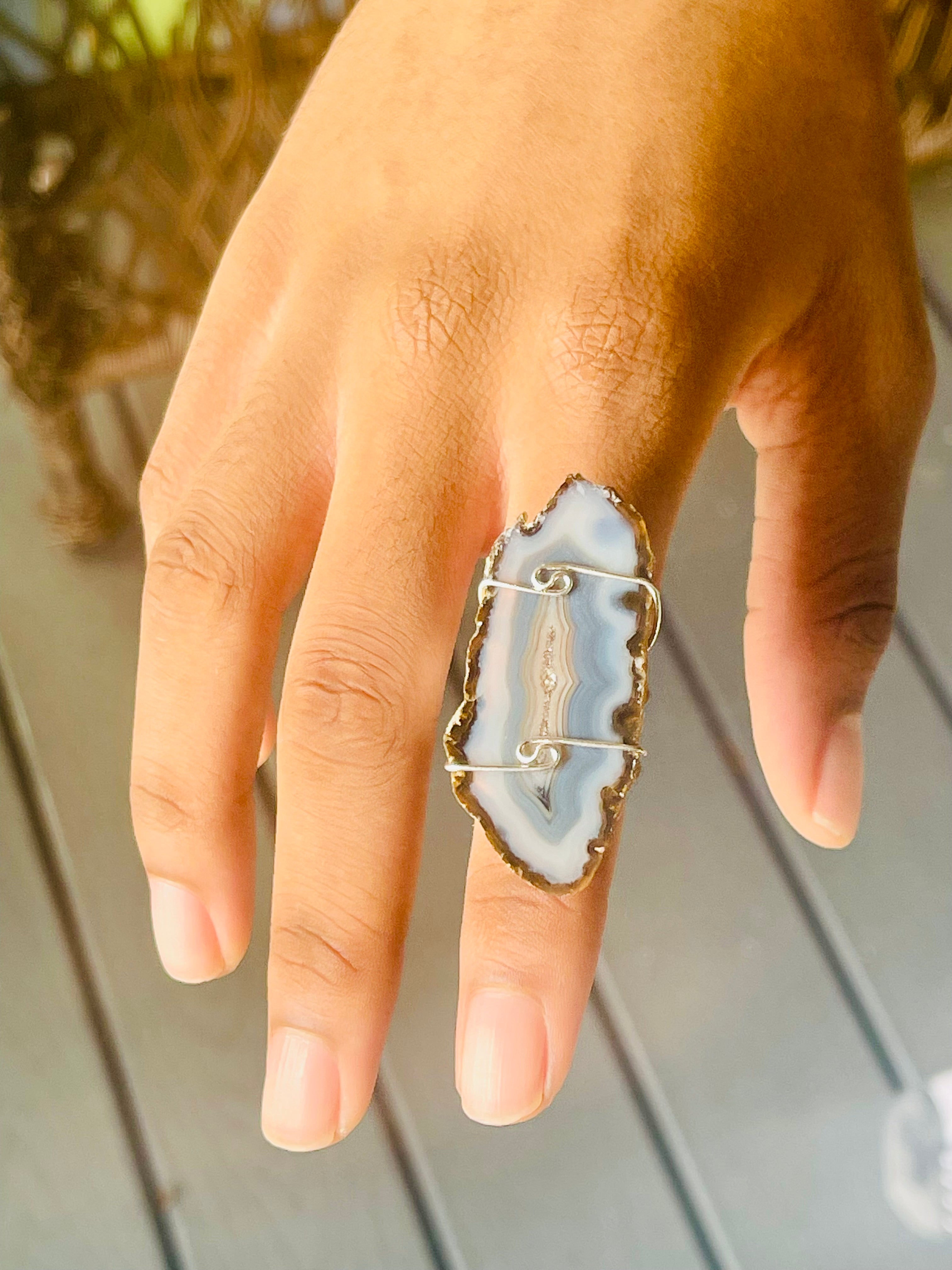 Agate Slice Silver Adjustable Ring on hand