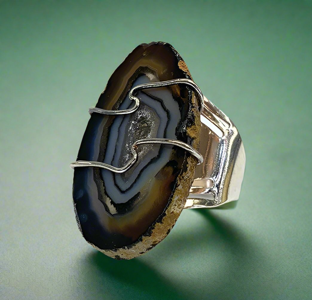 Agate Slice Silver Adjustable Rings