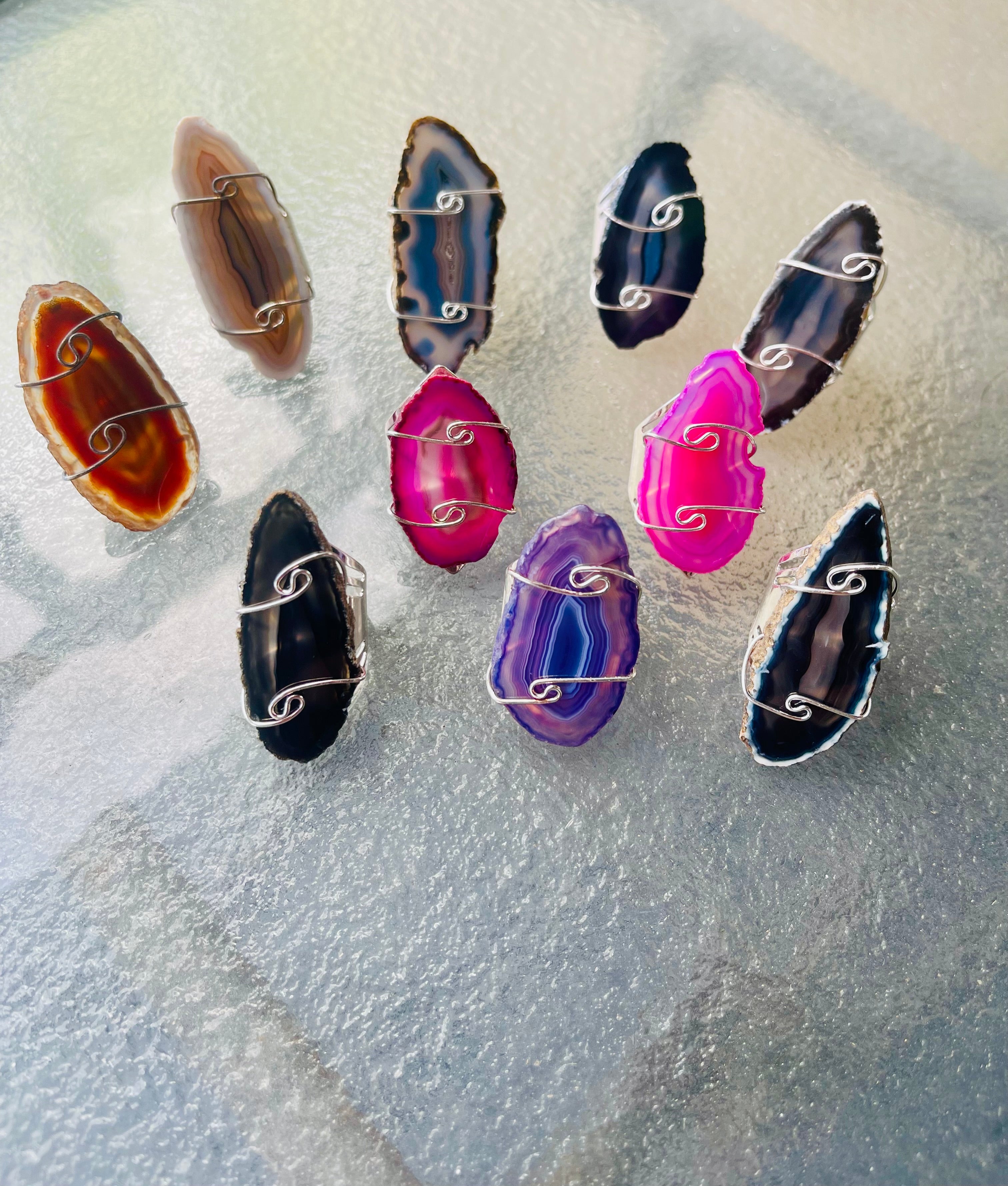 Agate Slice Silver Adjustable Rings
