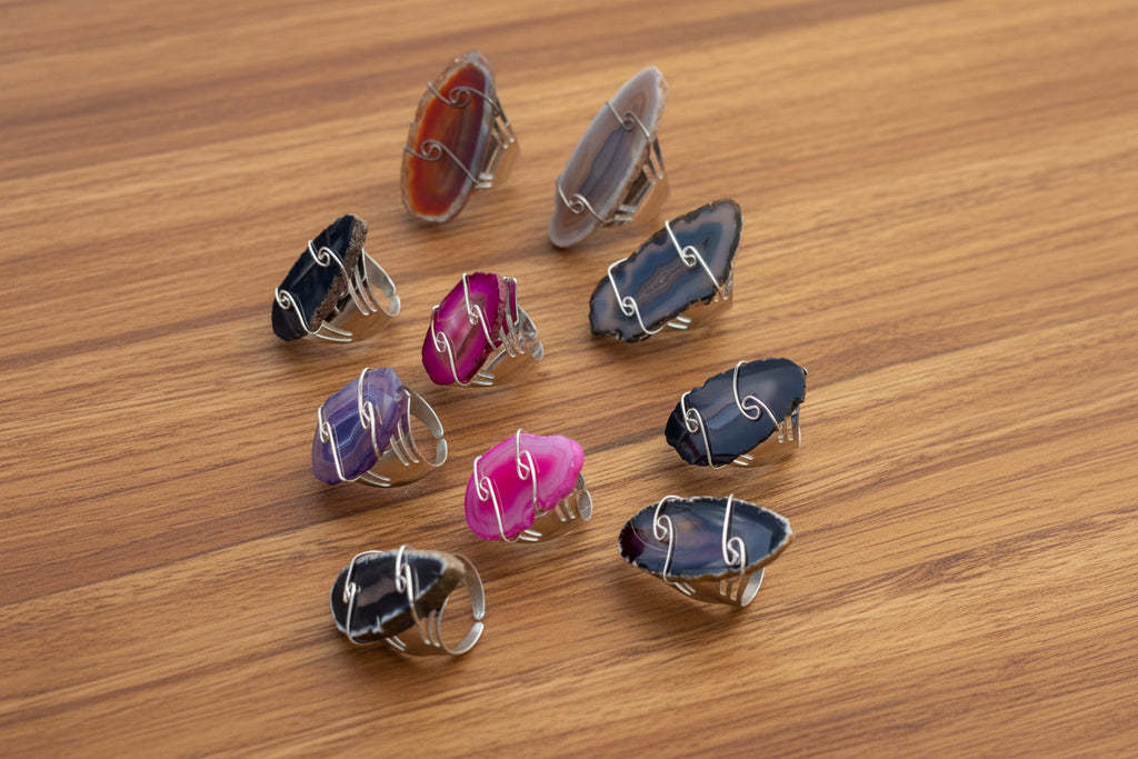 Agate Slice Silver Adjustable Rings