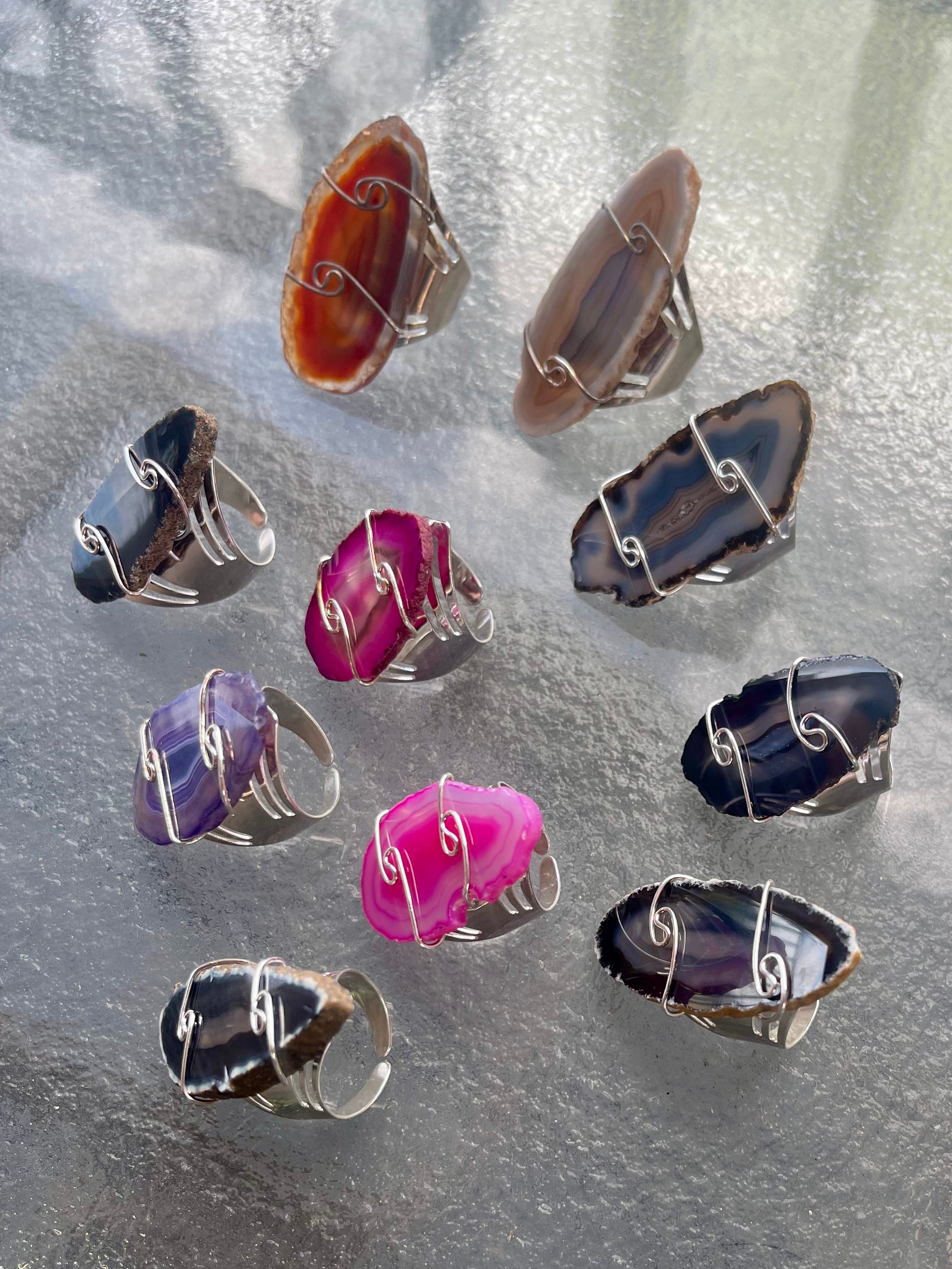 Agate Slice Silver Adjustable Rings