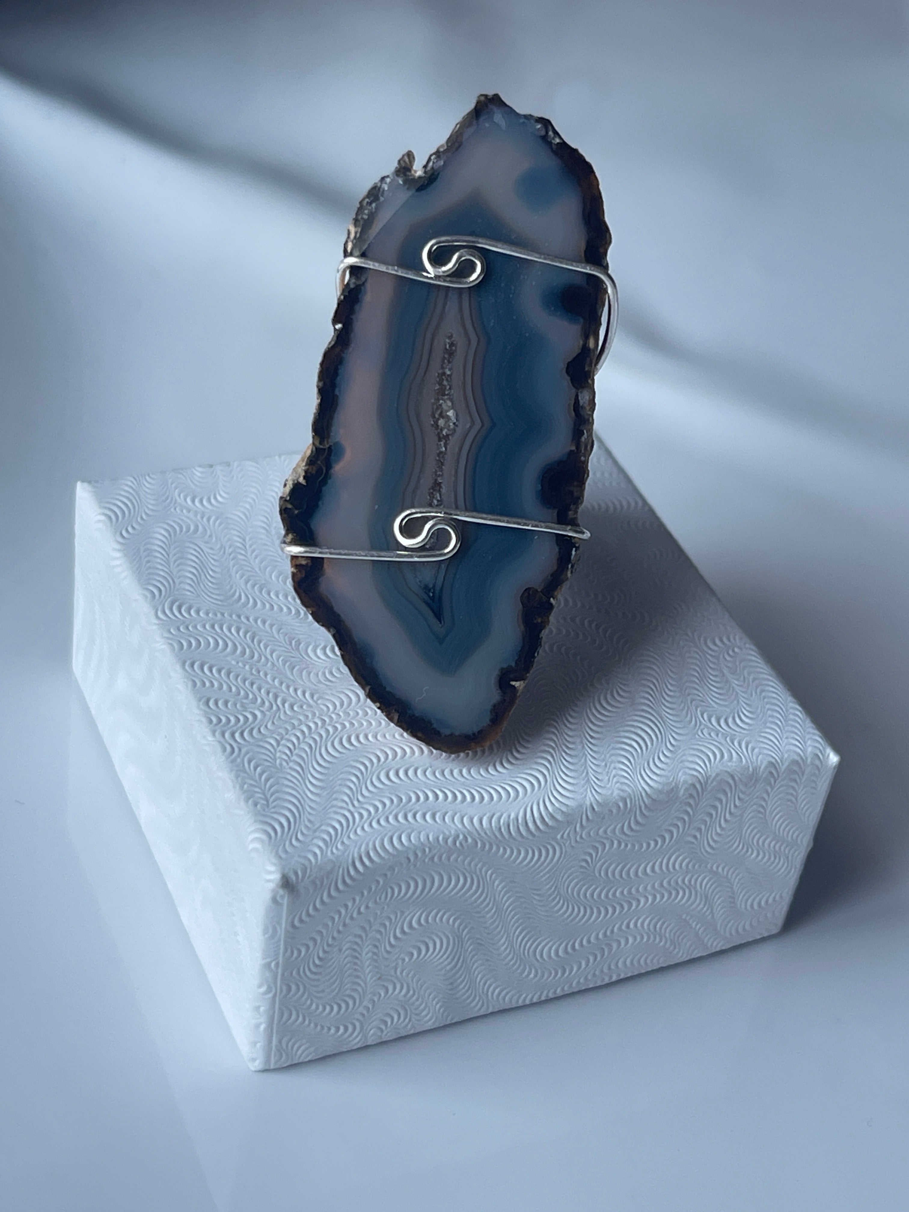 Agate slice silver plated adjustable ring  
