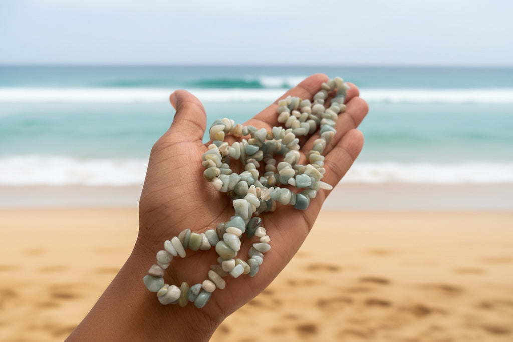 Hand holding a small pile of turquoise stones known as Amazonite with a blurred beach background 