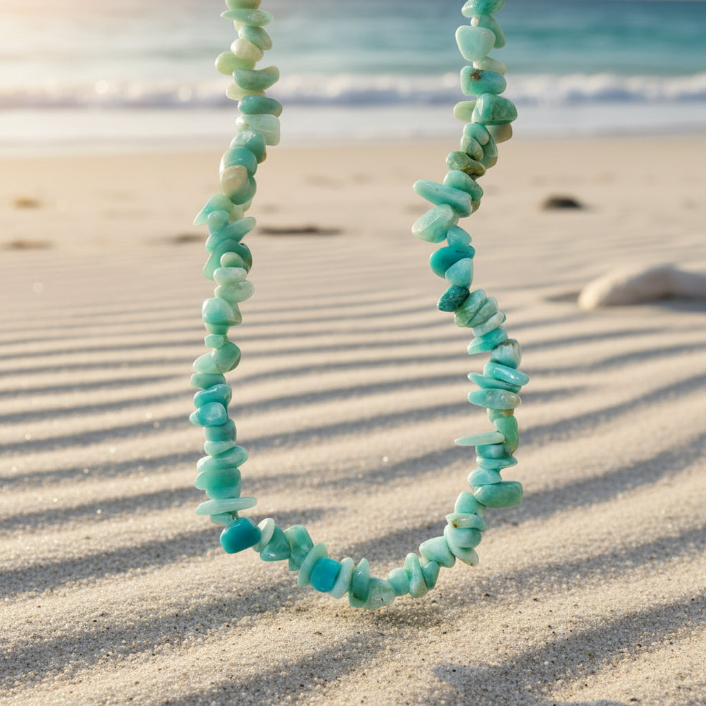 Amazonite chip necklace with natural gemstones for communication, calm, and emotional balance