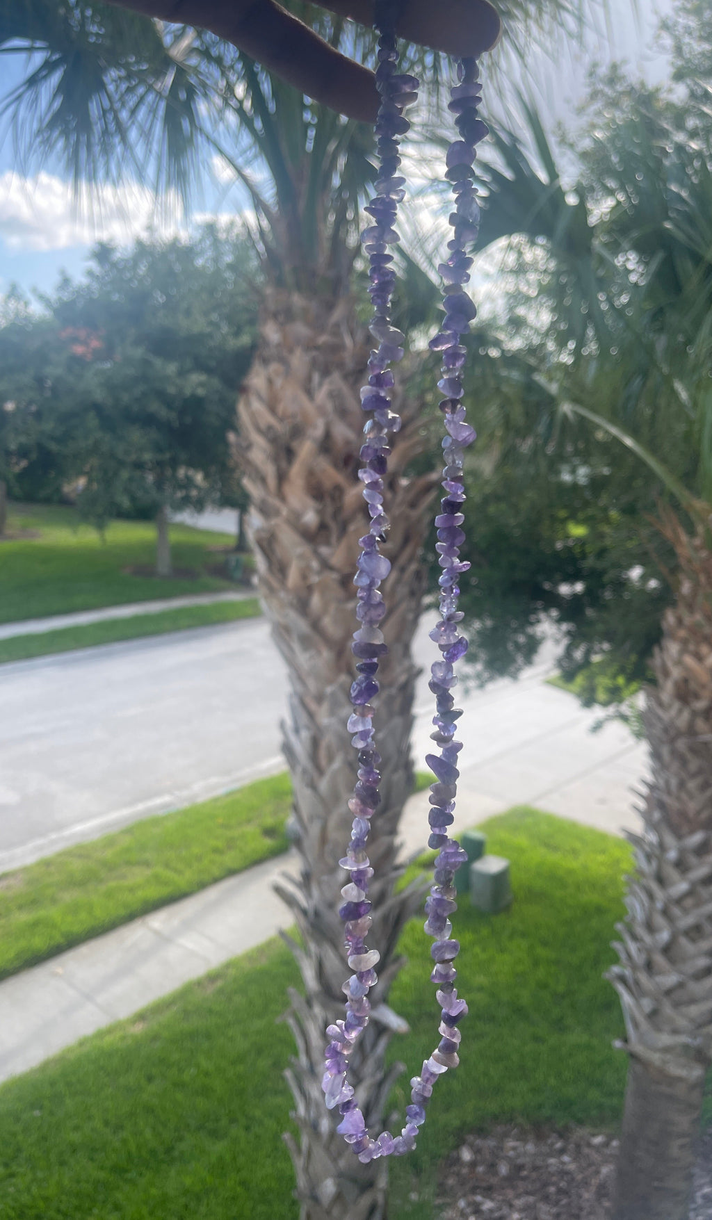 Amethyst_Chip_Necklace Purple beads on a palm tree with a road and grass in the background