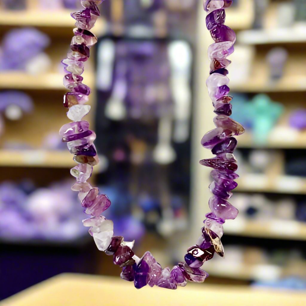 Amethyst chip necklace with natural gemstones for calm, intuition, and spiritual healing