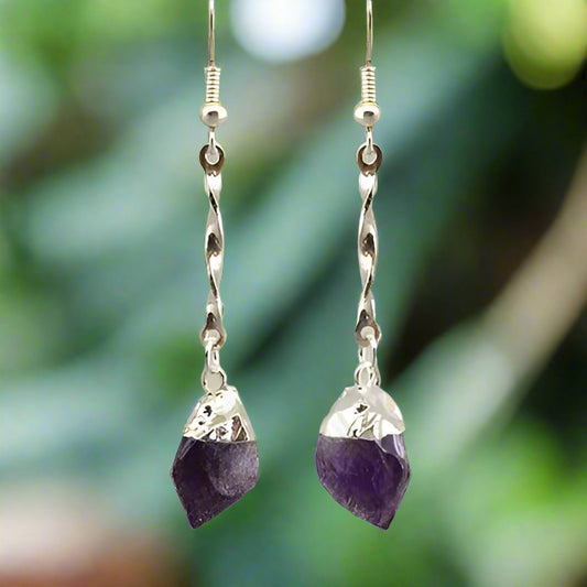 Amethyst Crystal Point Spiral Silver Plated Earrings