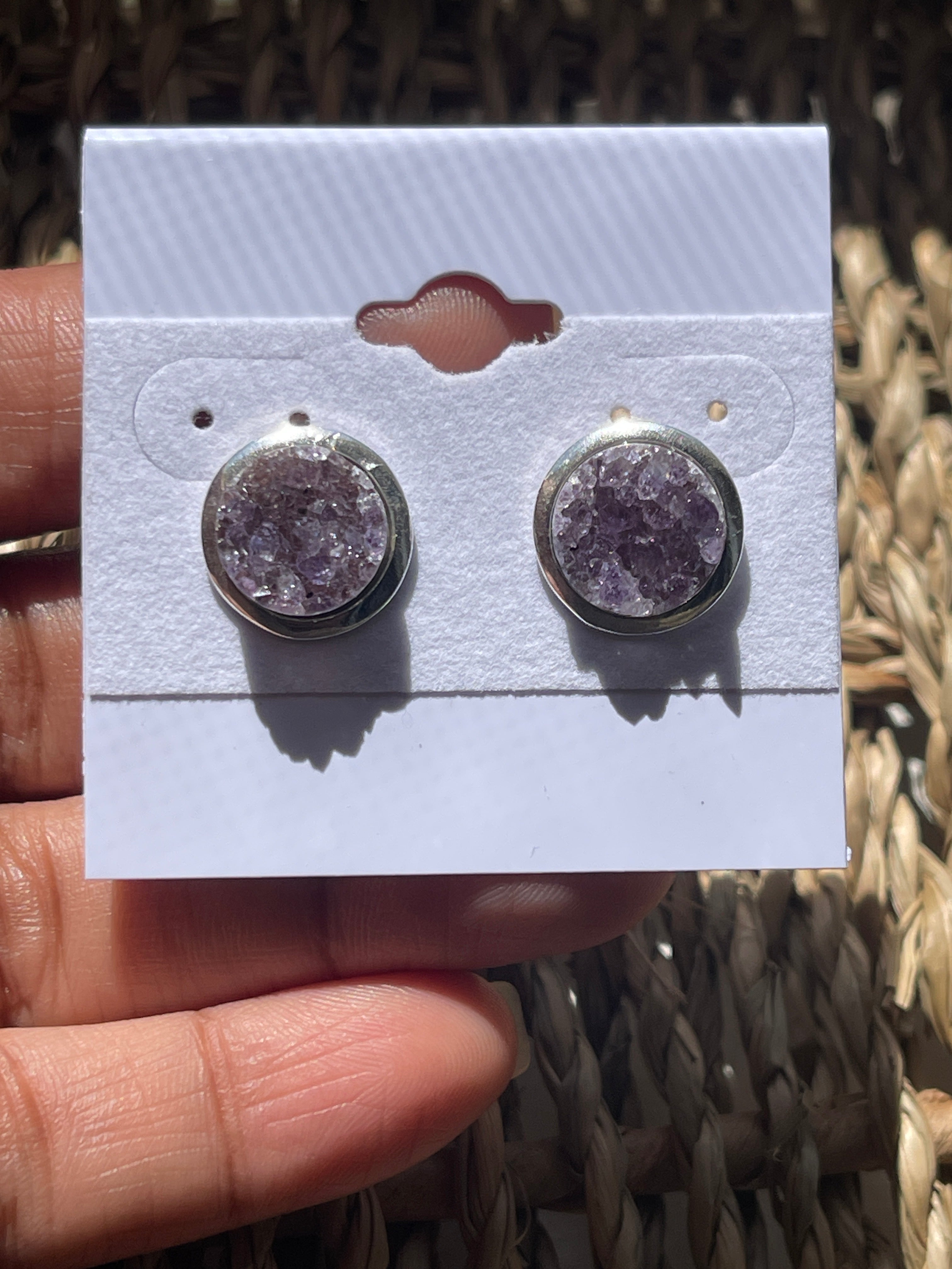 Amethyst Druzy Natural Earrings At Pure Energy Crystals in Florida In hand 