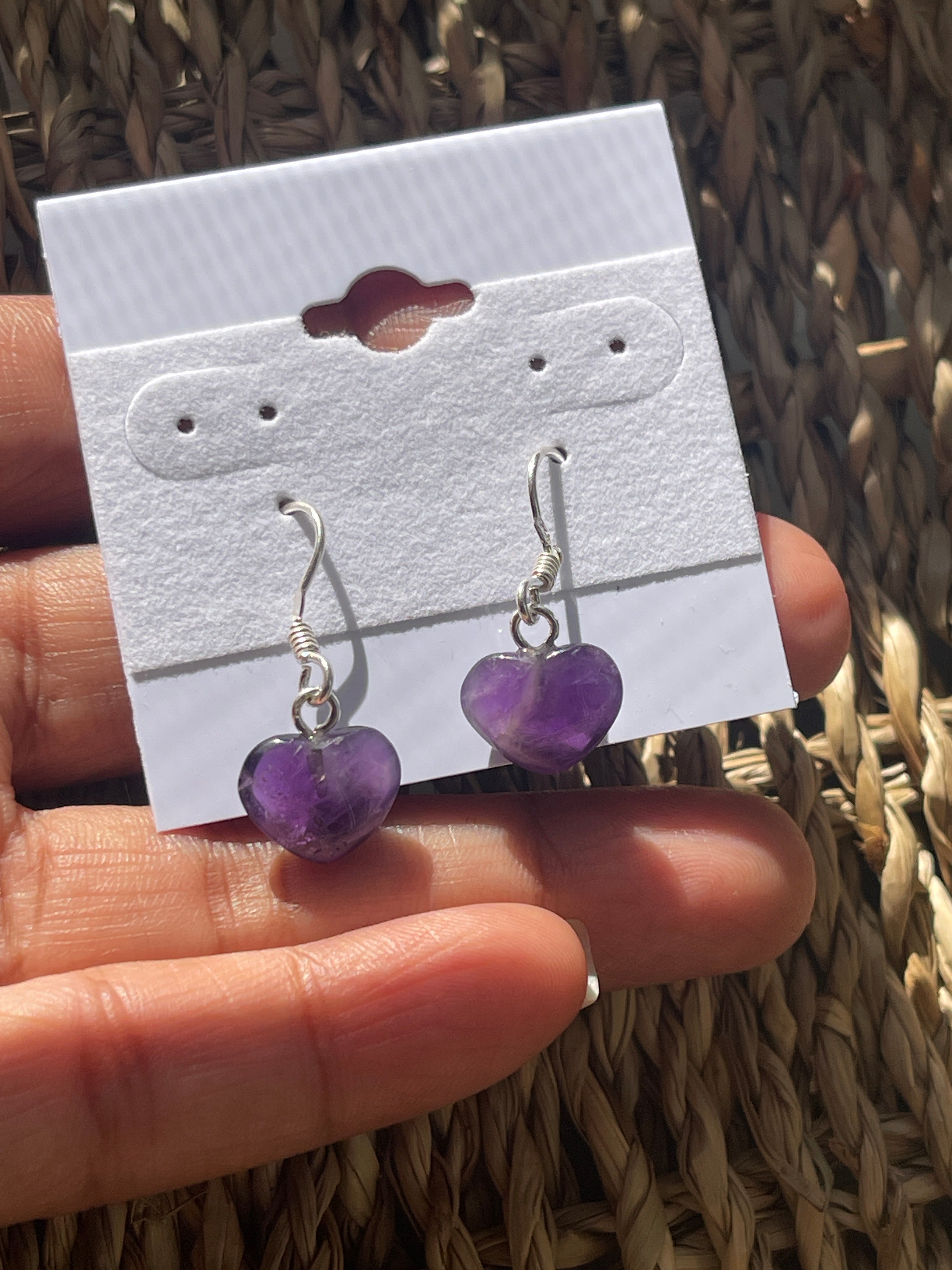 Amethyst Heart Earrings At Pure Energy Crystals in hand