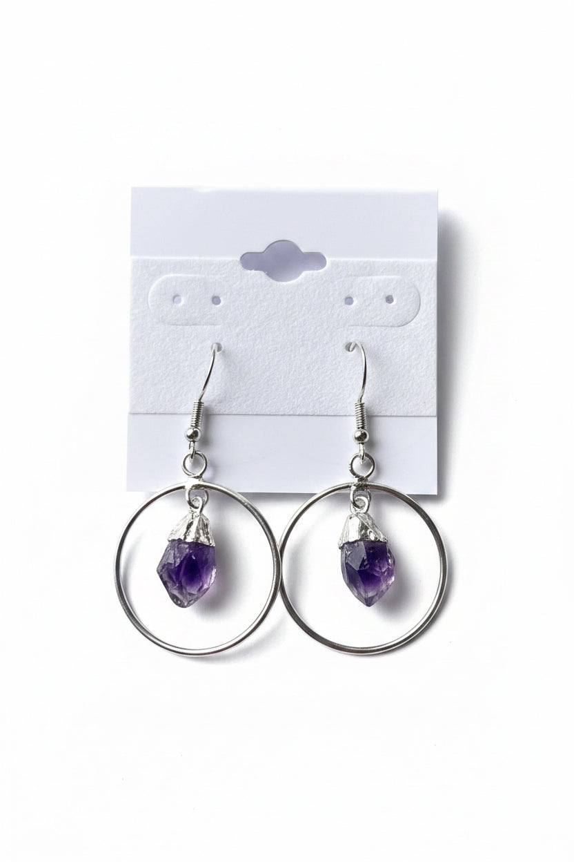 Amethyst Point Circle Earrings, Amethyst hoop earrings on a gray background