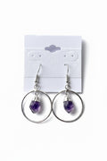 Amethyst Point Circle Earrings, Amethyst hoop earrings on a gray background