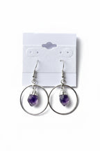 Amethyst Point Circle Earrings, Amethyst hoop earrings on a gray background