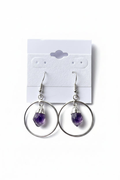 Amethyst Point Circle Earrings, Amethyst hoop earrings on a gray background