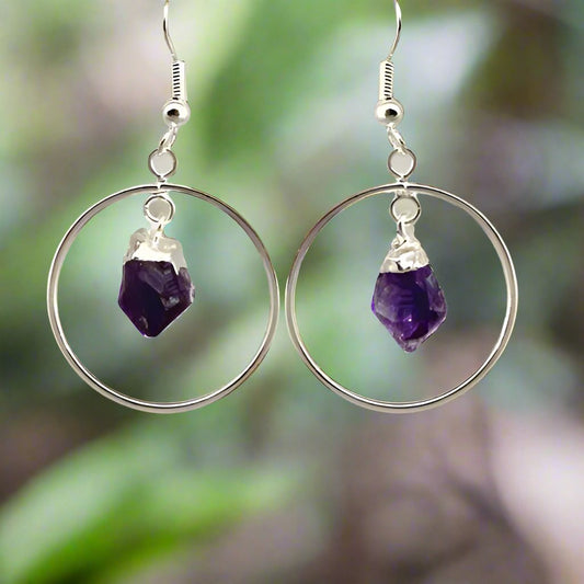 Amethyst Point Circle Silver Plated Earrings