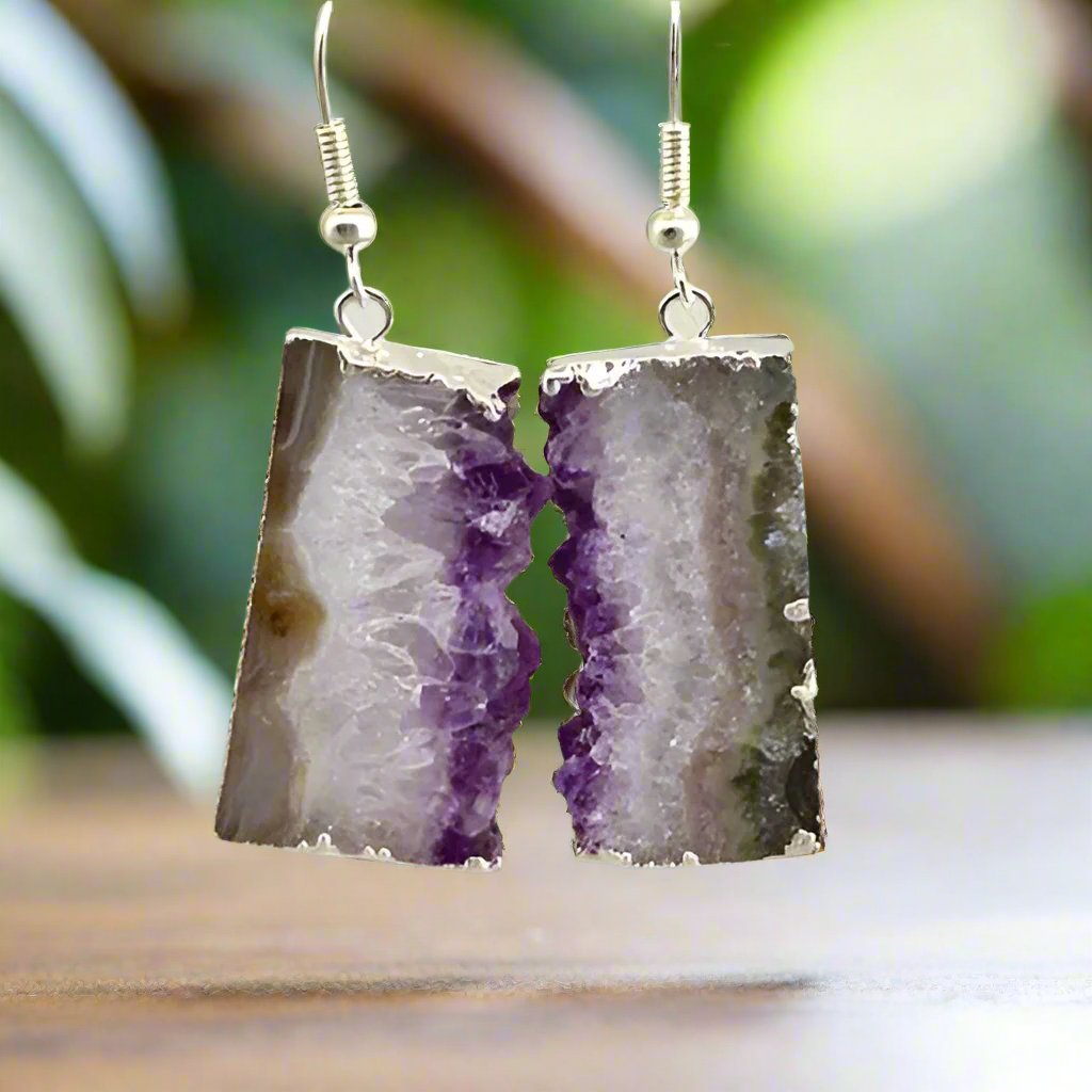 Amethyst Side Druzy Silver Earrings