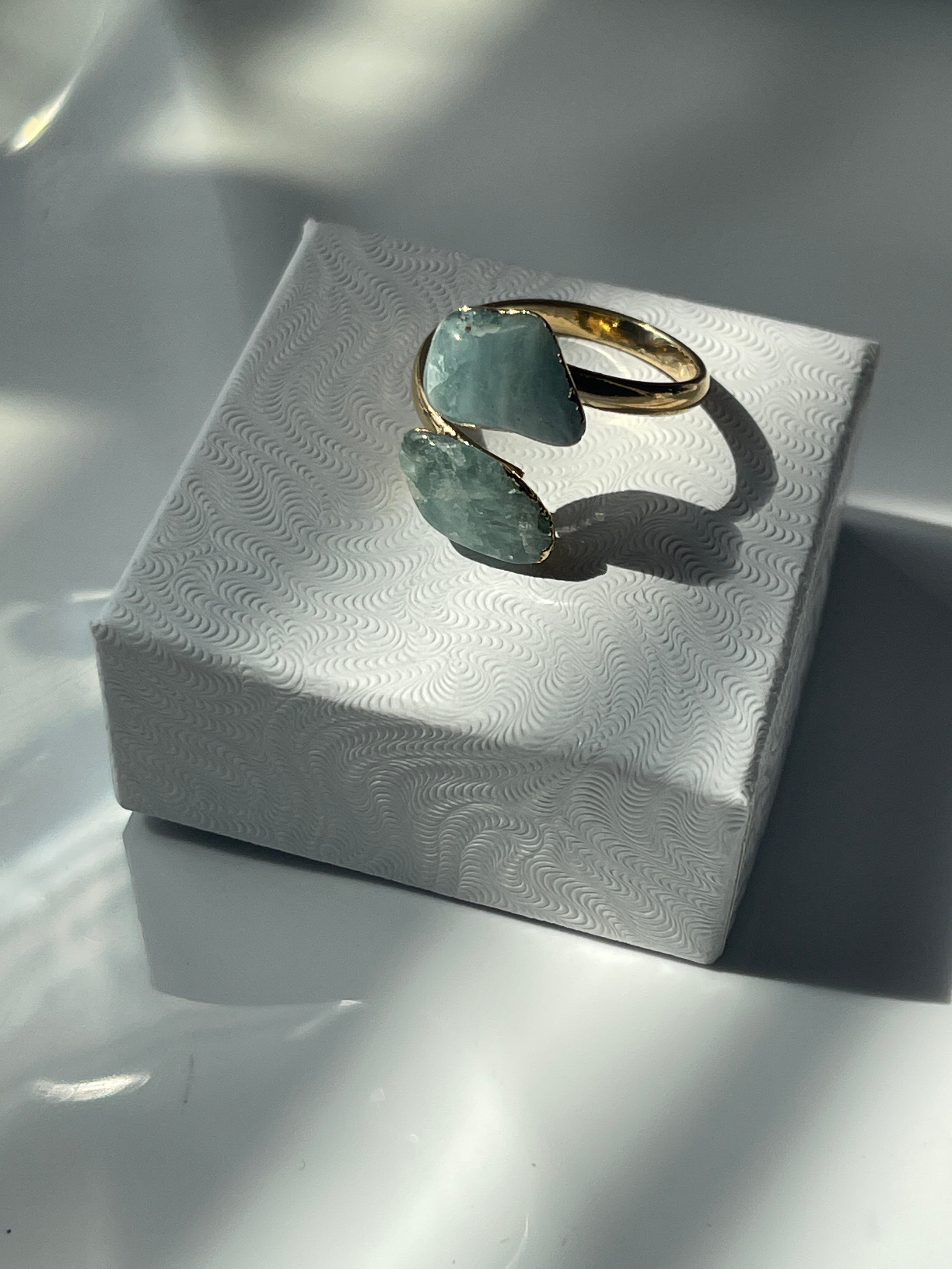 Aquamarine Adjustable Gold Polished Ring on a small jewelry box top in Florida 