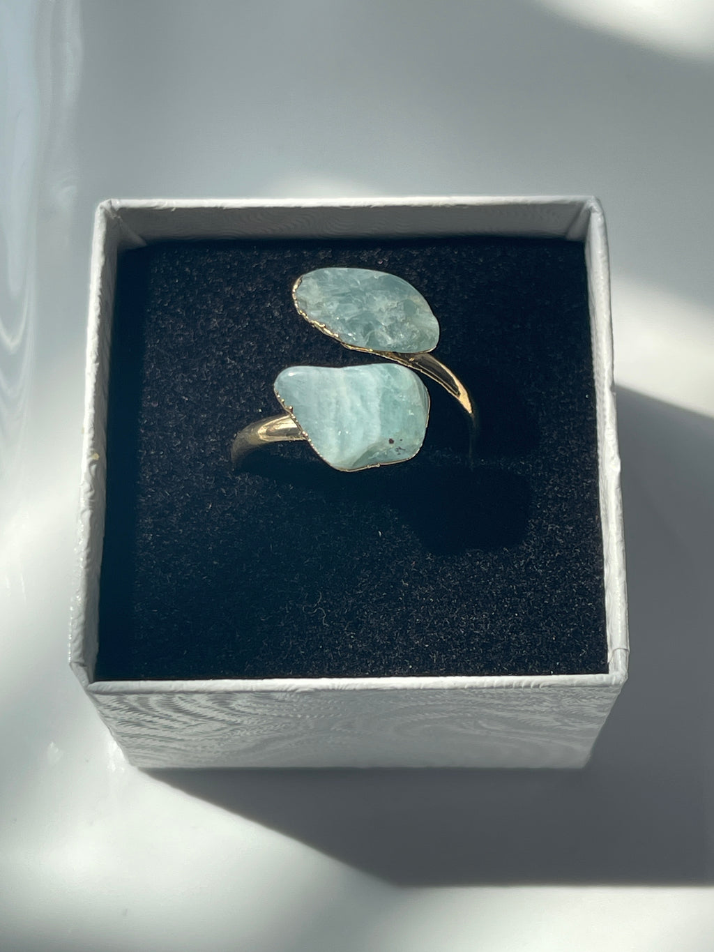 Aquamarine Adjustable Gold Polished Ring inside jewelry box