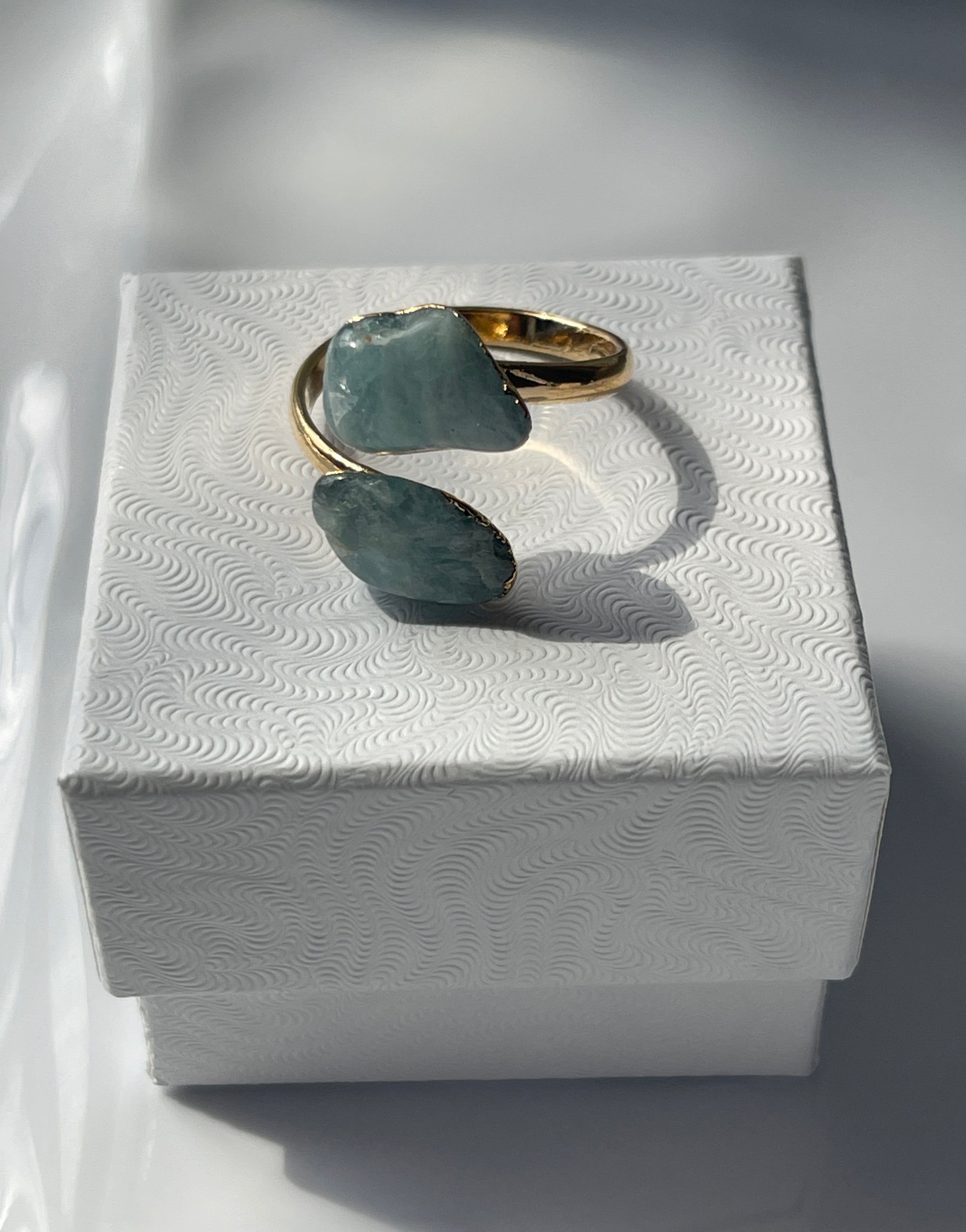 Aquamarine Adjustable Gold Polished Ring sitting on a white jewelry box in Florida 