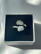 Aquamarine Adjustable Silver Polished Ring inside black and white jewelry box