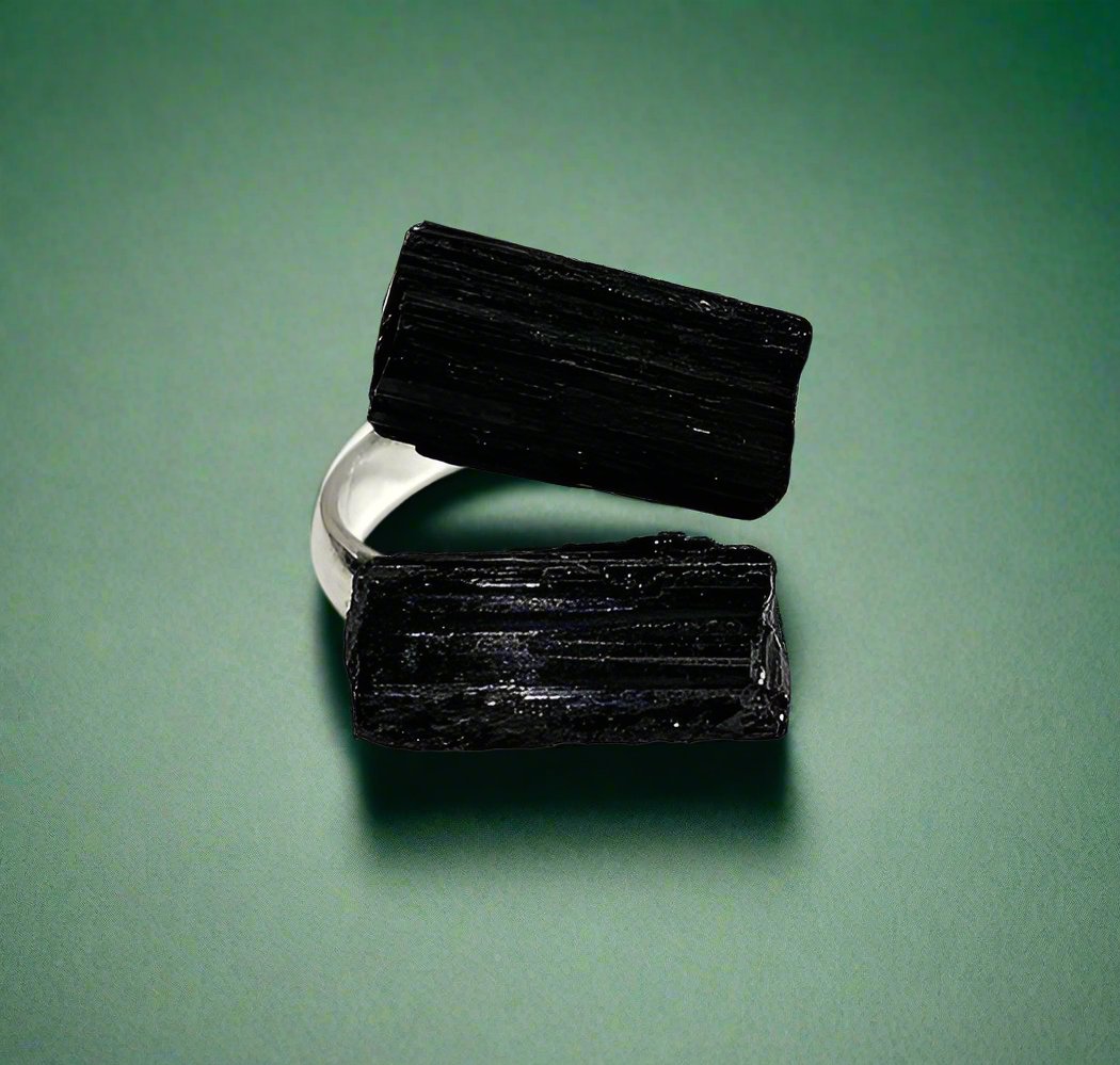 Black Tourmaline Adjustable Rings - Silver