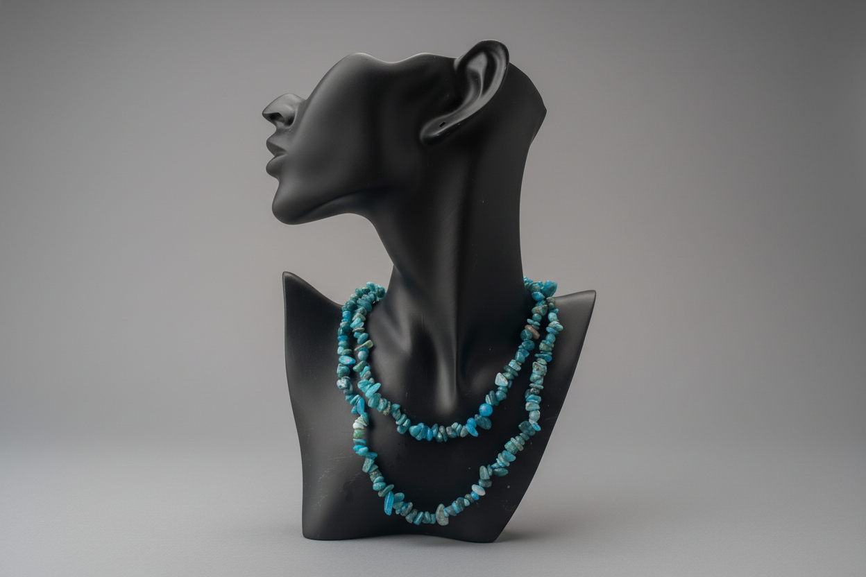 Turquoise and Blue necklace on a black mannequin bust against a gray background