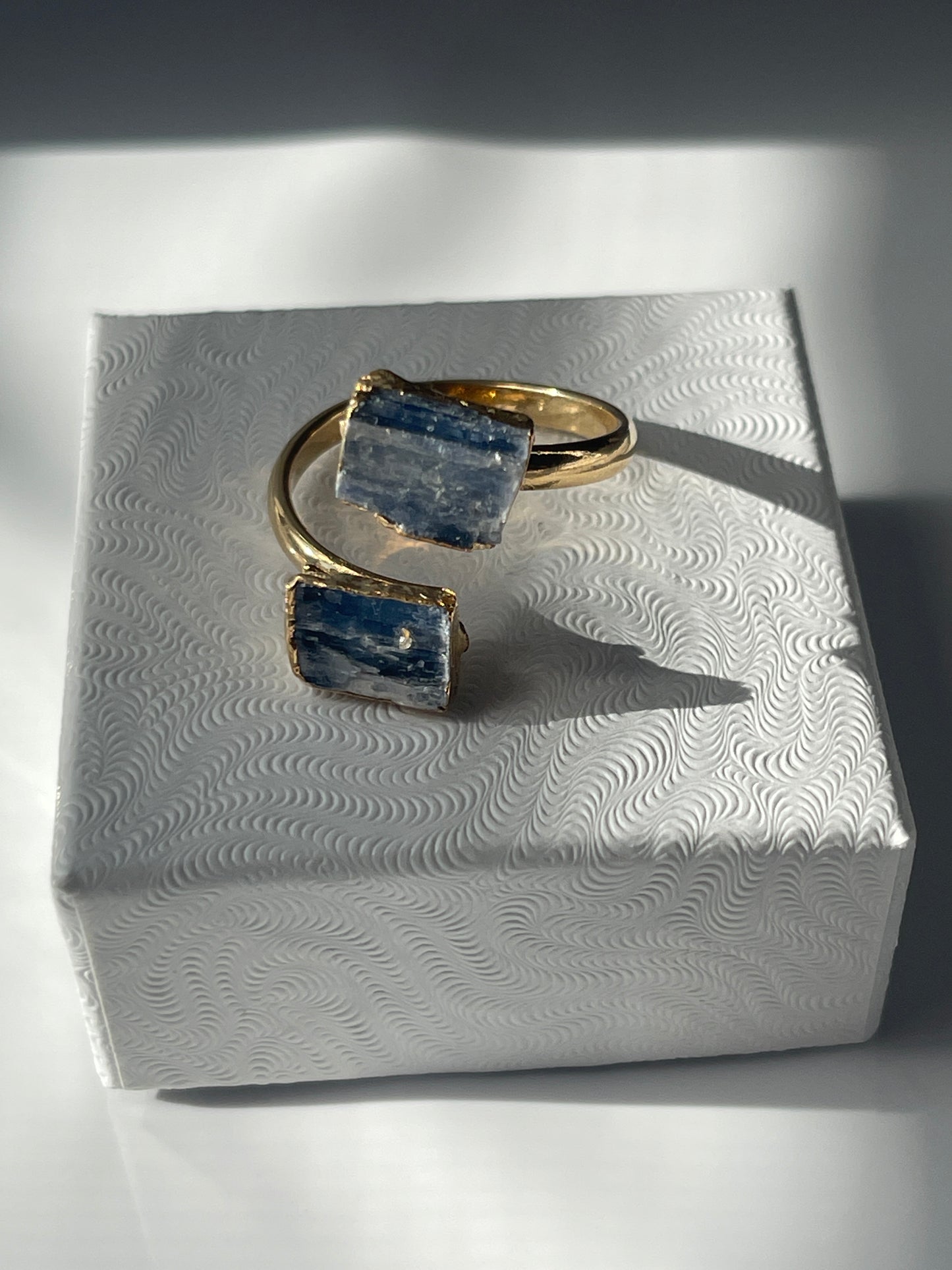 Blue Kyanite Adjustable Ring Gold Plated in a studio in Florida by pure energy crystals
