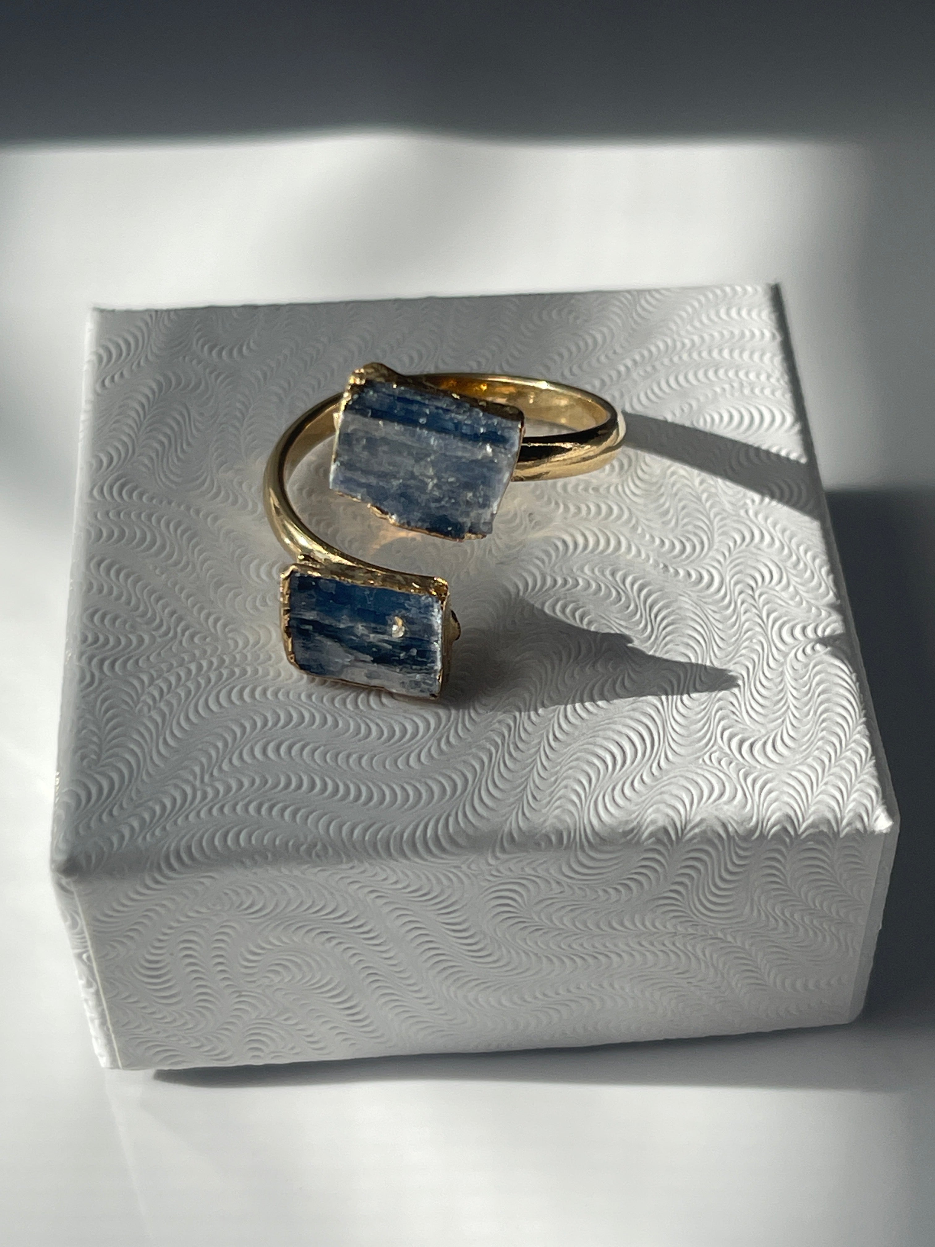 Blue Kyanite Adjustable Ring Gold Plated in a studio in Florida by pure energy crystals