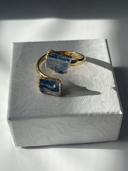 Blue Kyanite Adjustable Ring Gold Plated in a studio in Florida by pure energy crystals