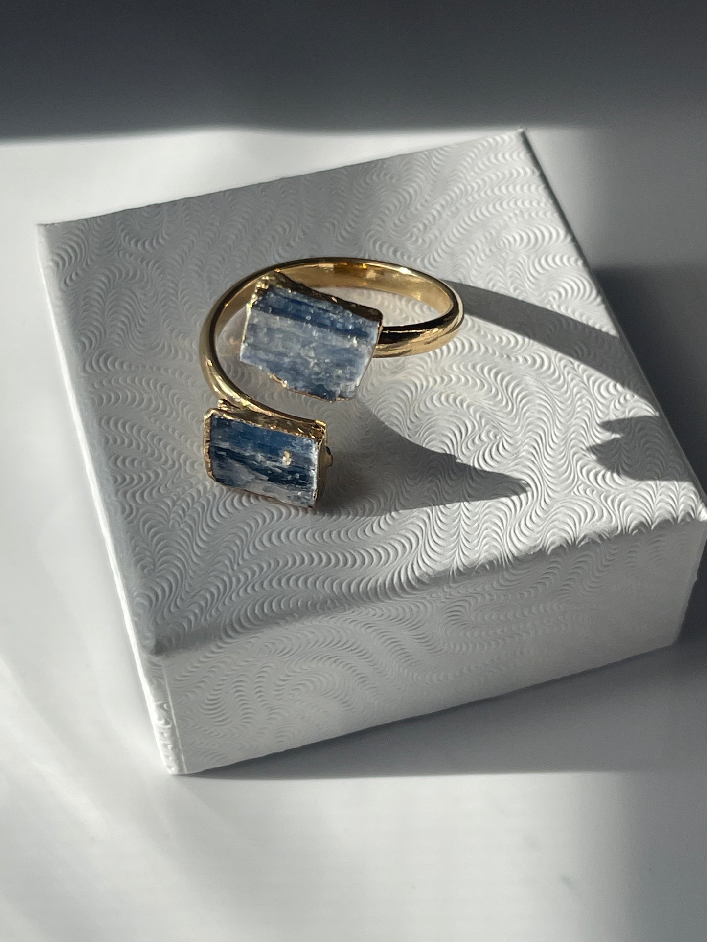 Blue Kyanite Adjustable Ring Gold Plated in a studio in Florida by pure energy crystals