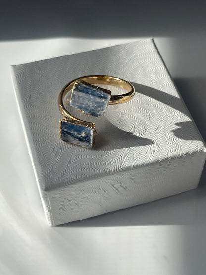 Blue Kyanite Adjustable Ring Gold Plated in a studio in Florida by pure energy crystals