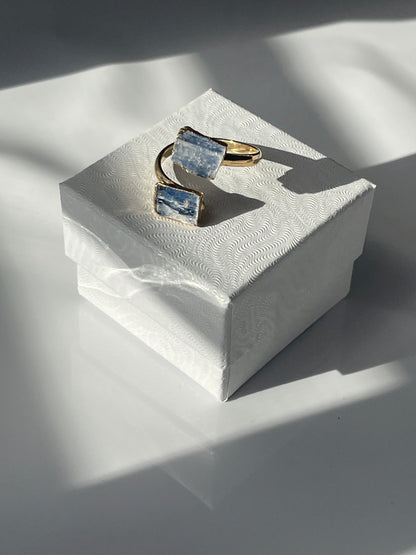Blue Kyanite Adjustable Ring Gold Plated in a studio